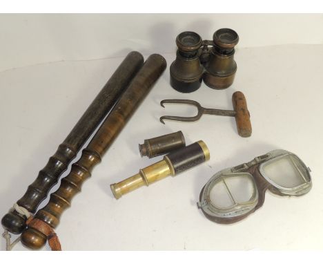 Two small three-draw telescopes; a pair of early binoculars; two wood truncheons; a thatchers stook grab tool and a pair of g