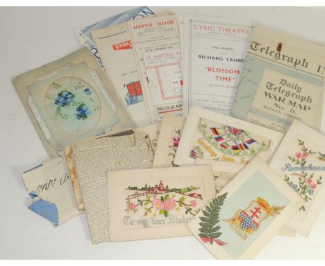 Six WWI embroidered silk postcards; a bound set of postcards Arras; some early 20th Century theatre programmes, together with