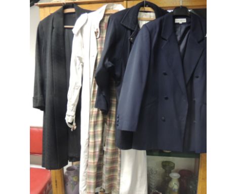 A ladies Mulberry trenchcoat; a French Connection blue double breasted jacket; a Wallis navy Pea jacket and a black coat (4)