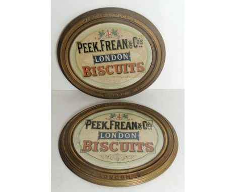 A pair of Victorian Peek Frean advertising pictures, each oval coloured lithographic print by Joseph Caustn & Sons and in ori