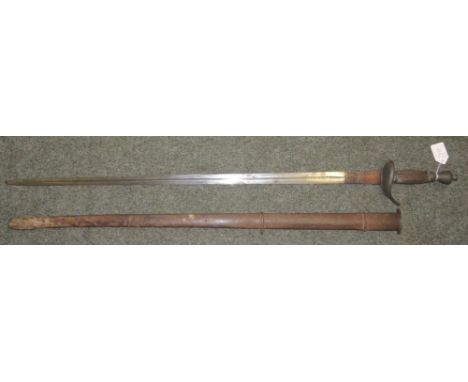 A 19th Century German hunting sword with wood grip, straight, double edge blade indistinctly marked and in metal scabbard, bl