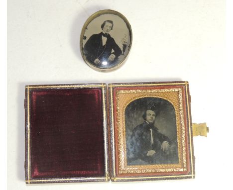 A small ambrotype portrait of a young gentleman, in original leather case together with another in a glass fronted brass case