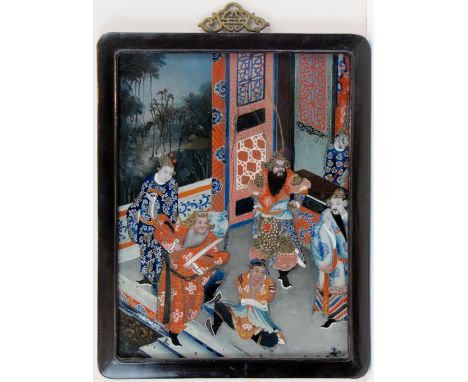 Hinterglasbild  China Vier Würdenträger auf Terrasse. 39×29 cm. Schlichter R. (52724)