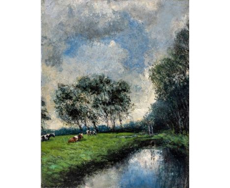 Zwart, Pieter de  (Den Haag 1880-1967) , zugeschriebenRuhende Kühe an einem Bachlauf  Öl auf Lwd. 34×26,5 cm. Rücks. auf Lein