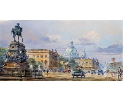 Nitschke, Detlev  (geb. 1935 in Berlin) Berlin. Unter den Linden   Verkehrsreiches Treiben auf dem Boulevard. Sign. Öl auf Ho