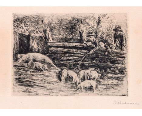 Liebermann, Max (Berlin 1847-1935) Ferkelchen  1890 Radierung. Bleistift sign. 15,2×21,3 cm. WVZ Schiefler 11 II. R. (59897)