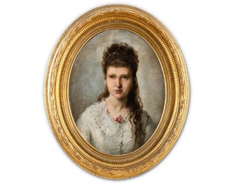 Porträtmaler (um 1880) Bildnis einer jungen Frau   in weißem Kleid mit einer Rose am Ausschnitt. Öl auf Lwd. Oval ca. 56,5×44