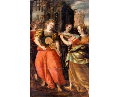 Vos, Marten de  (Antwerpen 1532-1603) , Art von Musizierende Hofdamen am Stadttor  Im Hintergrund auf dem Turm blasende Tromp