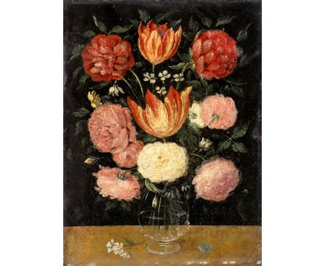 Niederländischer Maler  (wohl 17. Jh.)  Blumenstillleben   Dahlien-, Päonien- und Tulpenstrauß in durchsichtiger Glasvase. Rü