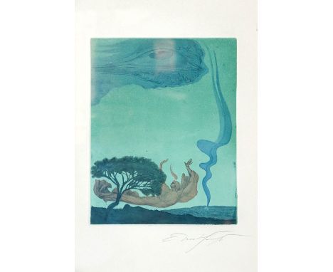 Fuchs, Ernst (Wien 1930-2015) Ohne Titel, 1972  Mystische Landschaft mit schwebender Frauengestalt. Farbaquatinta-Radierung. 
