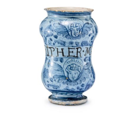Kleisterblauer Albarello  in der Art von Deruta, des 17. Jh. Majolika. Doppelt gebaucht mit eingezogenem Stand. In Blau bemal
