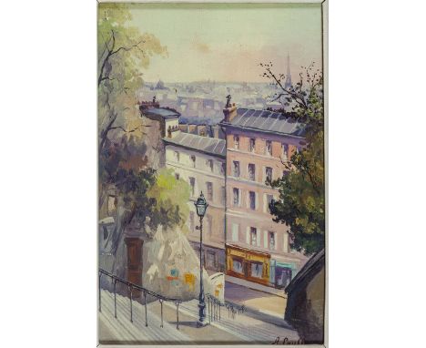 Lauff, A. (Paris, um 1960) Blick von Sacré Cœur über die französische Hauptstadt.  In der Ferne Eiffelturm. Sign. Lwd. 32×22 