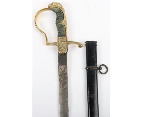 German Weimar Republic Cavalry Officers Sword with Etched Blade, fine example with brass lion head grip, crossed cavalry swor