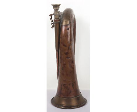 WW1 British 1915 Bugle, copper and brass mounted bugle with war department arrow and makers details “J. HIGHAM LTD” and 1915 