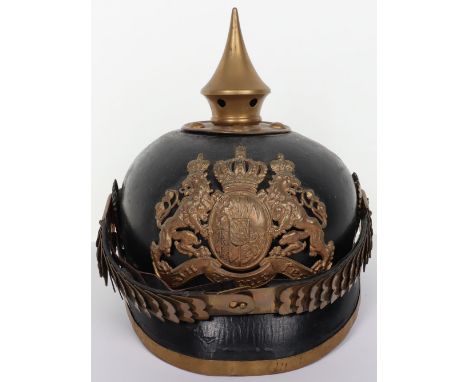 WW1 German Bavarian NCO’s Pickelhaube, leather bodied helmet with brass other ranks type Bavarian helmet plate to the centre,
