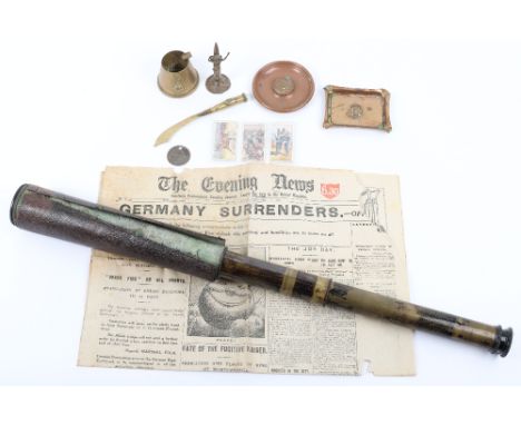 Great War Period Officers Telescope, being a three draw brass bodied example with the remains of the leather covering to the 