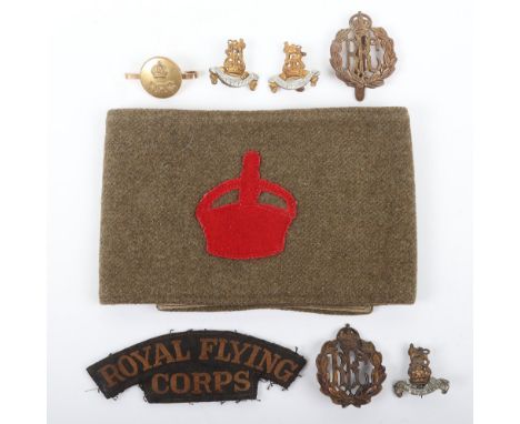 WW1 British Derby Scheme Armband, khaki example with red felt crown to the centre. Ink army council stamp to the reverse side