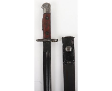 Australian 1907 Bayonet, with two piece slab wooden grips, pommel stamped “A 27639” and the cross guard stamped “65672”. Hous