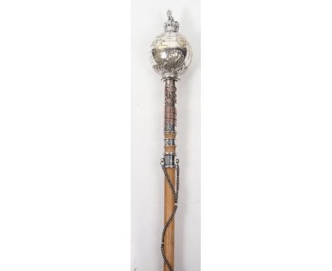 EIIR Royal Marines Drum Majors Marching Parade Mace, fine example with large silver plated globe top with crown and lion fitt