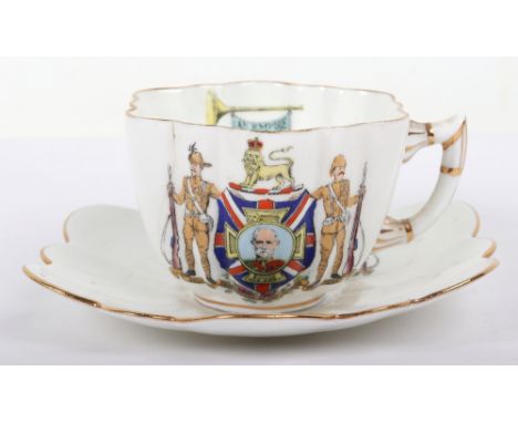 Boer War Commemorative China Cup and Saucer, Printed coloured transfer device of Lord Roberts, Union Jack bordered by two Boe