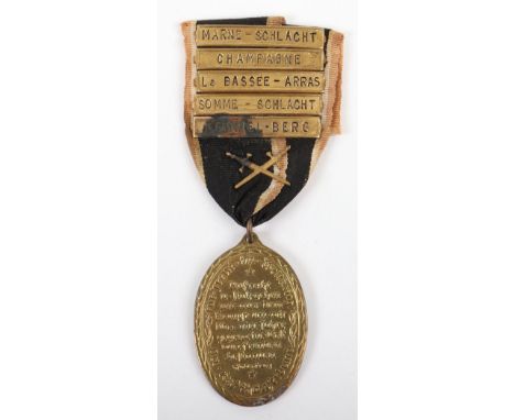 Prussian 1914-1918 Veterans Medal (Kyffhauser Kriegsdenkmunze), the brass oval medal has five campaign bars mounted to the ri