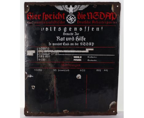 Hier Spricht die NSDAP Enamel Sign / Plaque, being a fine example of the black enamel sign with white enamel NSDAP style eagl