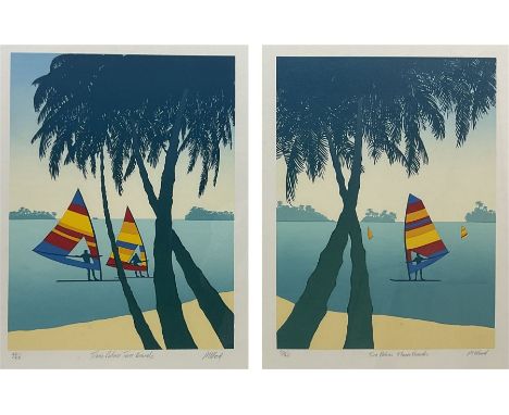 M Wood (20th century): 'Three Palms - Two Boards' and 'Two Palms - Three Boards', pair limited edition screenprints signed ti