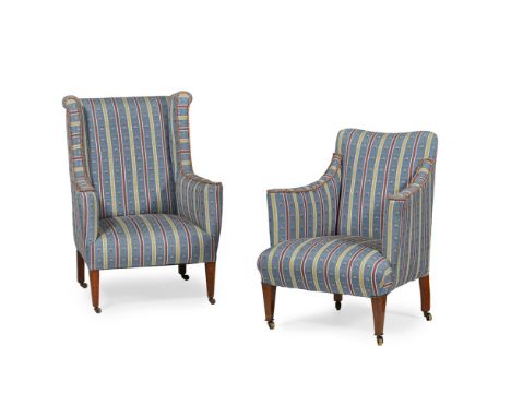 TWO EDWARDIAN UPHOLSTERED ARMCHAIRSEARLY 20TH CENTURY in matching blue stripe upholstery with braid trimming, the first a win