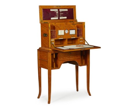 EDWARDIAN SATINWOOD AND MARQUETRY TRAVELLING DESK COMPENDIUM AND STANDEARLY 20TH CENTURY the upper part with a hinged top and