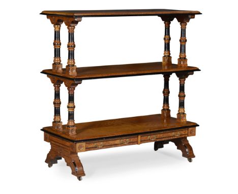 VICTORIAN JACOBEAN REVIVAL OAK AND EBONISED BUFFET, IN THE MANNER OF RICHARD BRIDGENS19TH CENTURY with three tiers raised and