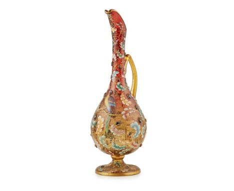 MOSER ENAMELLED AMBERINA GLASS EWERLATE 19TH CENTURY of baluster form, the slightly lobed body graduated from red to yellow w