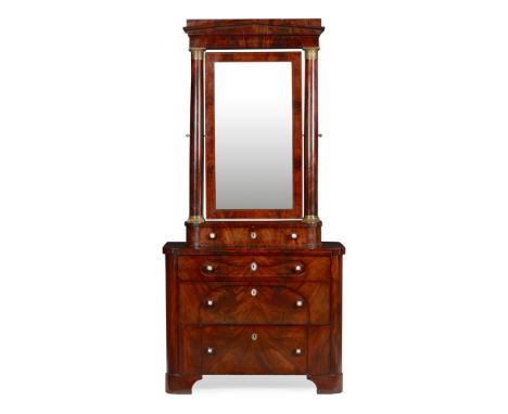 FRENCH SECOND EMPIRE MAHOGANY, BRASS AND MOTHER-OF-PEARL DRESSING CHEST OF DRAWERS19TH CENTURY the superstructure in the form