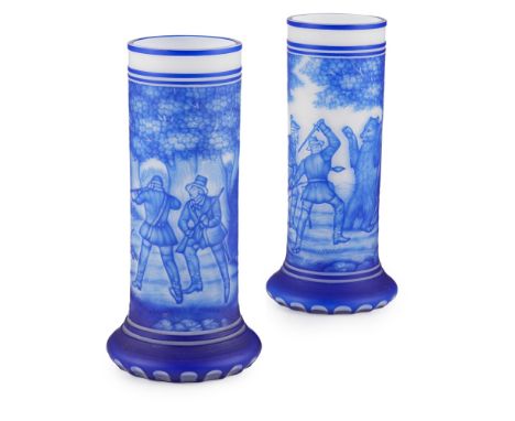 TWO BOHEMIAN CASED AND ACID-CAMEO GLASS VASES19TH CENTURY of cylindrical form with flattened bases, depicting hunting scenes 