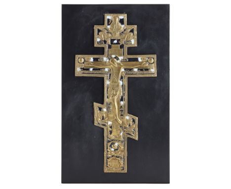 RUSSIAN ENAMELLED BRASS PROCESSIONAL CRUCIFIXLATE 18TH CENTURY relief cast with the Corpus beneath God the Father flanked by 