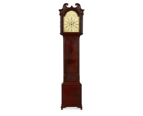 SCOTTISH GEORGE III MAHOGANY LONGCASE CLOCK, JOHN BAYNE, STIRLING18TH CENTURY the swan neck blind fret pediment centred by a 