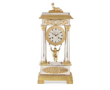 LOUIS PHILIPPE GILT AND SILVERED PORTICO CLOCKEARLY-MID 19TH CENTURY the silvered Roman numeral dial in a cylinder case with 