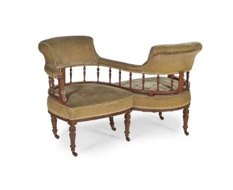 VICTORIAN ROSEWOOD FRAMED TETE-A-TETELATE 19TH CENTURY comprising two opposing horseshoe shaped seats with spindle galleries 