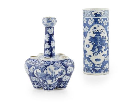 TWO CHINESE BLUE AND WHITE WARESLATE QING DYNASTY comprising a tulip vase with five lobed wells, decorated with precious obje