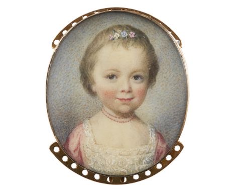 MANNER OF RICHARD CROSSEPORTRAIT MINIATURE OF A GIRL, 18TH/ EARLY 19TH CENTURY watercolour on ivory, the sitter wearing a pin