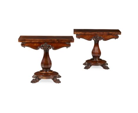 PAIR OF EARLY VICTORIAN MAHOGANY CARD TABLESMID 19TH CENTURY the rounded rectangular fold-over tops above shaped friezes with