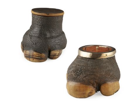 TWO VICTORIAN TAXIDERMY RHINO FEET NOVELTY BOXES19TH CENTURY comprising a Black rhino tobacco box with a hide lid, opening to