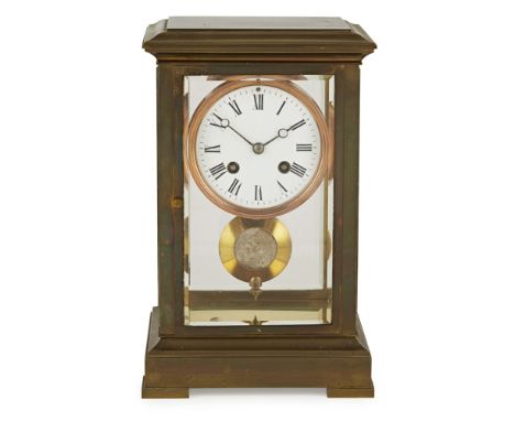 FRENCH FOUR-GLASS BRASS MANTEL CLOCK19TH CENTURY the circular white enamel Roman numeral dial in a bevelled glass and brass c