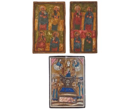 GREEK ICON, THE MOTHER OF GOD FOUNTAIN OF LIFELATE 19TH CENTURY, ON EARLIER PANEL polychrome painted and parcel-gilt depictin