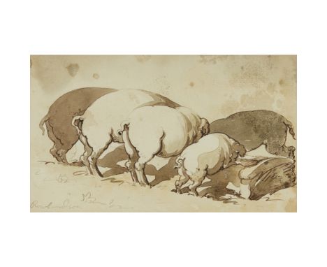 THOMAS ROWLANDSON (BRITISH 1756-1827)PIGS AT A TROUGH Signed, ink and wash11.5cm x 20cm (4.75in x 7.75in)
