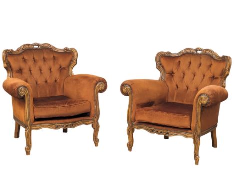 A pair of vintage Italian deep button back armchairs. 