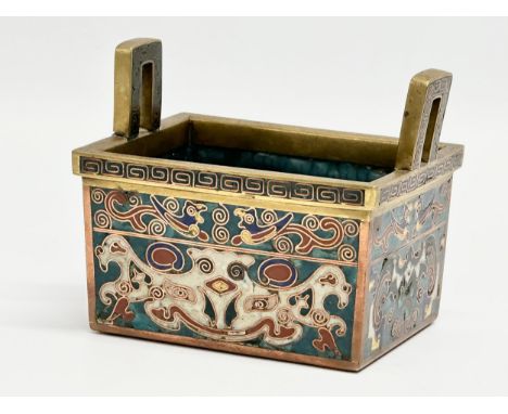 A Late 19th Century Chinese brass and cloisonné enamel censer. 12x9x10cm 
