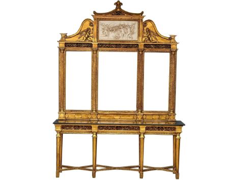 A very large 18th Century style French gilt mirror back console table with marble top, cherub and cupid motif and 3 bevelled 