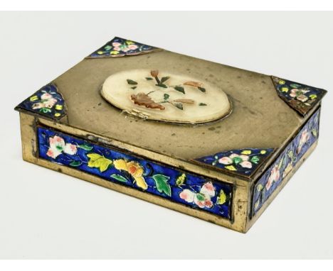 A Late 19th/Early 20th Century Chinese brass and enamel trinket box/cigarette case, with jade stone top. Circa 1900. 11.5x8.5