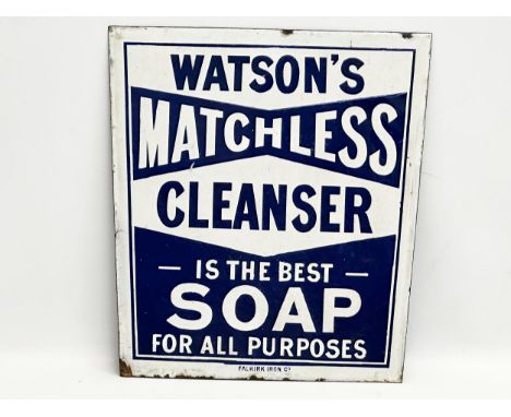 A vintage enamel advertising sign. Watson’s Matchless Cleanser. 33x36cm 