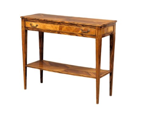 A good quality 2 tiered console table. Made from various woods, including Laburnum, Arbutus, Satinwood, etc.  102x37.5x85cm 